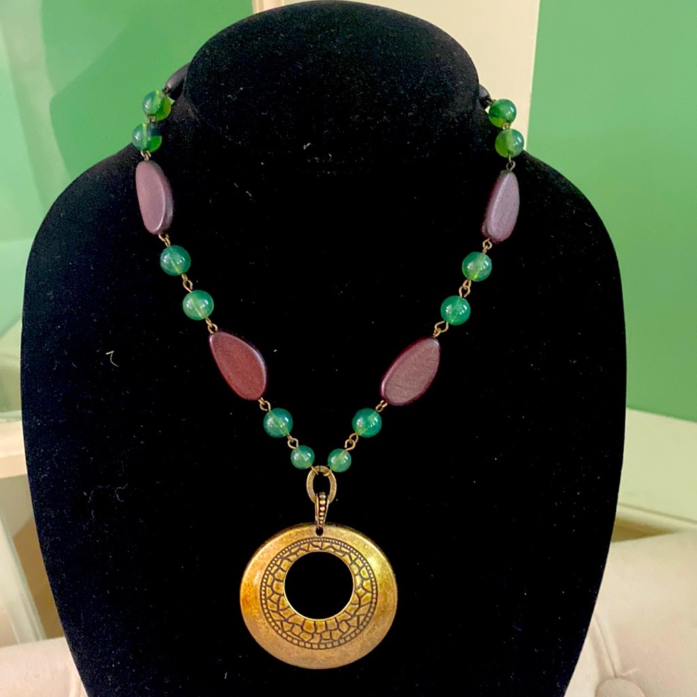 Bohemian Inspired Beaded Necklace with Gold Tone Pendant
